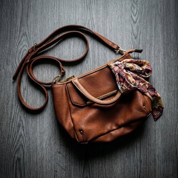 Steve Madden Handbags - Steve Madden Women’s Brown Faux Leather Crossbody Bag Scarf Accent Preppy Chic